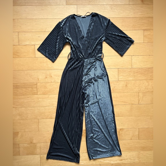 ZARA Trafaluc Jumpsuit Velvet 3/4 Sleeve Striped Wide Leg‎ Gray Blue Size Small - Picture 16 of 16